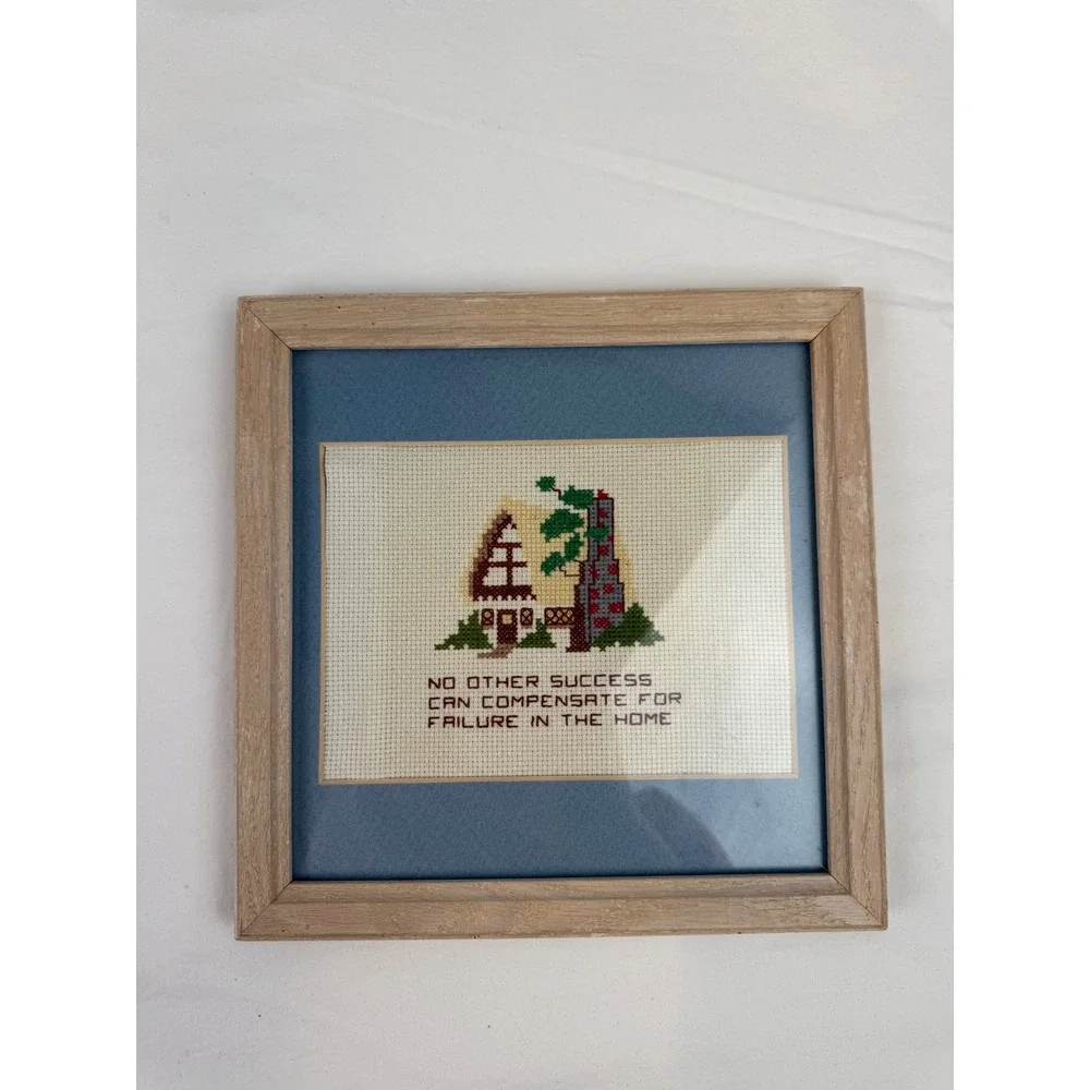 Vintage Needlepoint Cross stitched  Farmhouse Picture Kitchen Cottagecore Framed